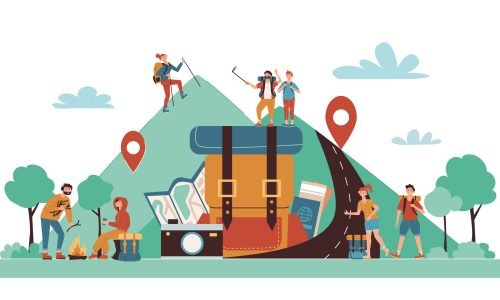 Self guided camping travel cartoon composition with online map location symbols tourists hiking climbing mountains vector illustration