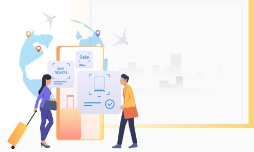 Passengers walking in airport. Globe, planes, buying tickets button. Booking online concept. Vector illustration can be used for topics like mobile app, holiday, travel